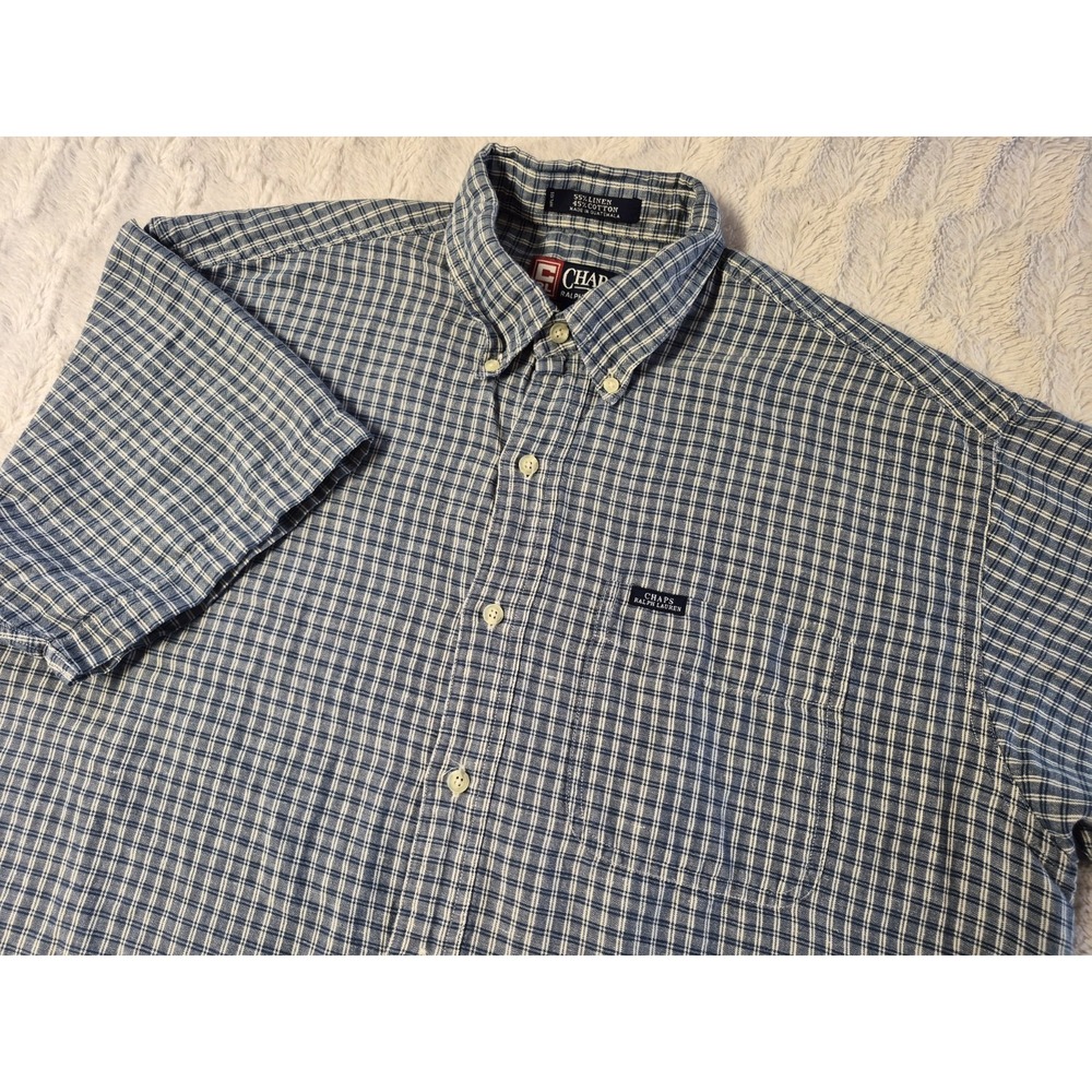 Vintage Chaps Ralph Lauren Shirt Men's Large Blue Plaid Button-Up Short Sleeve